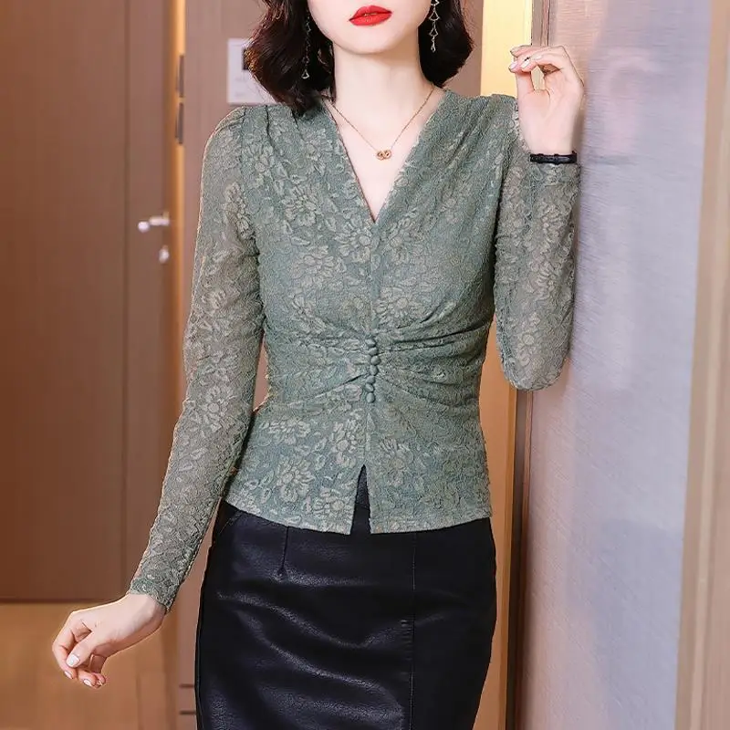 Женская кружевная блузка с V-образным вырезом и длинным рукавом | одежда