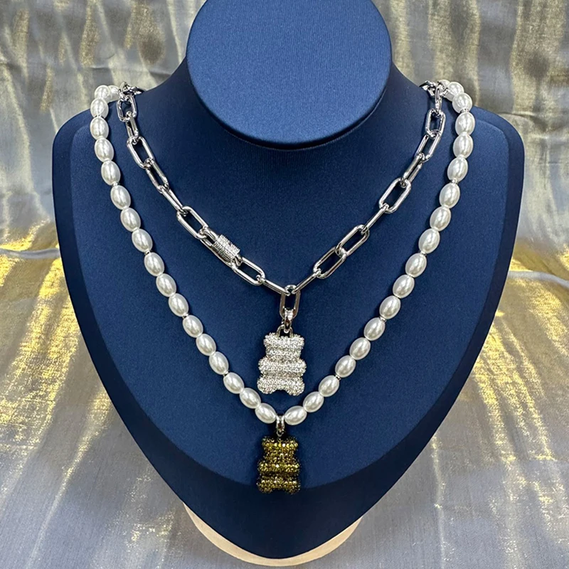 

Morse S925 Sterling Silver New Khaki Double Sided Bears Lock Chain Pearl Necklace Temperament Couple Versatile Fashion Jewelry