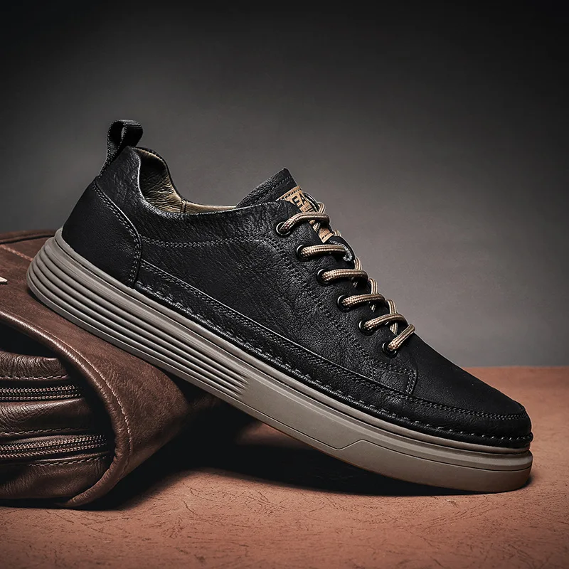 

Men Leather Casual Shoes Warm Classic Solid Color Flat Bottom Lace-Up Run Sneaker Breathable Fashion Non-Slip Wear Male Boot