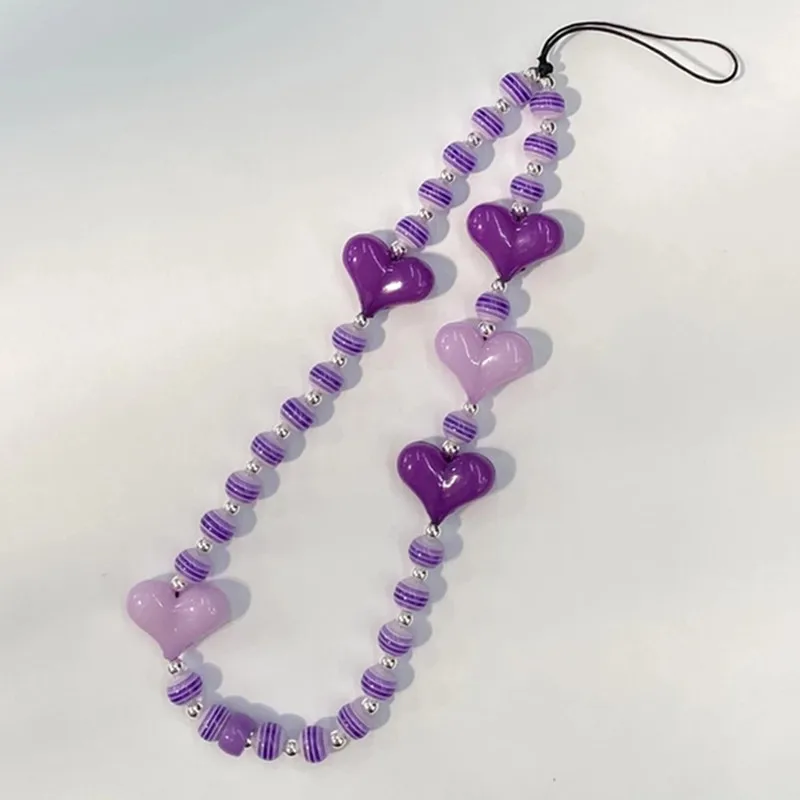 

New Acrylic Beaded Purple Chain Sweet Love Heart Personality Letter LOVE Anti-lost Mobile Phone Lanyard For Women Jewelry