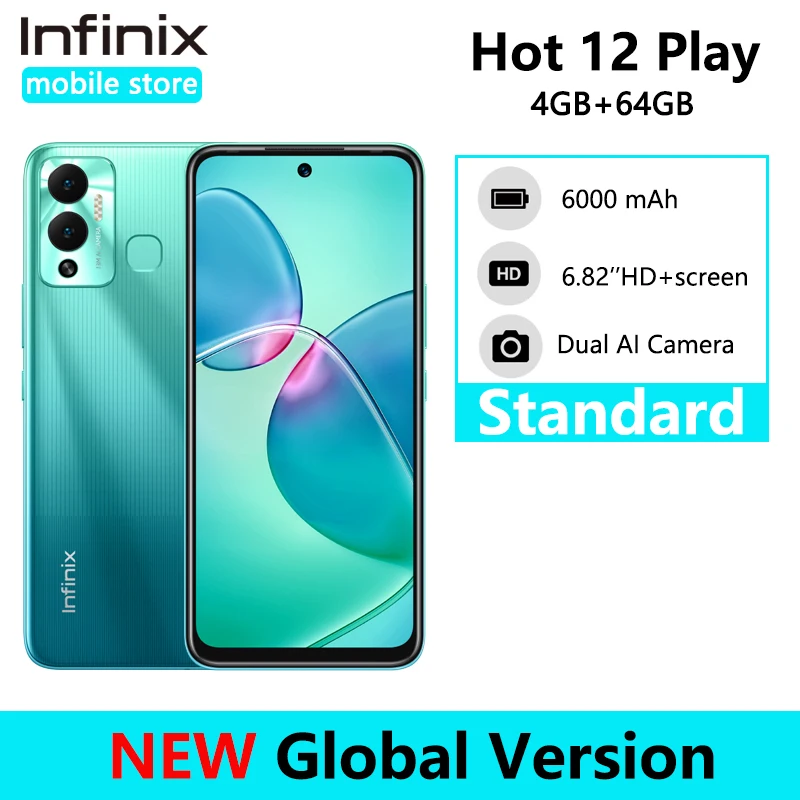 Global Version Infinix Hot 12 Play 4GB 64GB  Smartphone 6000mAh Battery 6.82'' HD+ Display Helio G35 Android 11