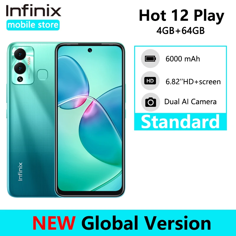 Global Version Infinix Hot 12 Play 4GB 64GB Smartphone 6000mAh Battery 6.82'' HD+ Display Helio G35 Android 11