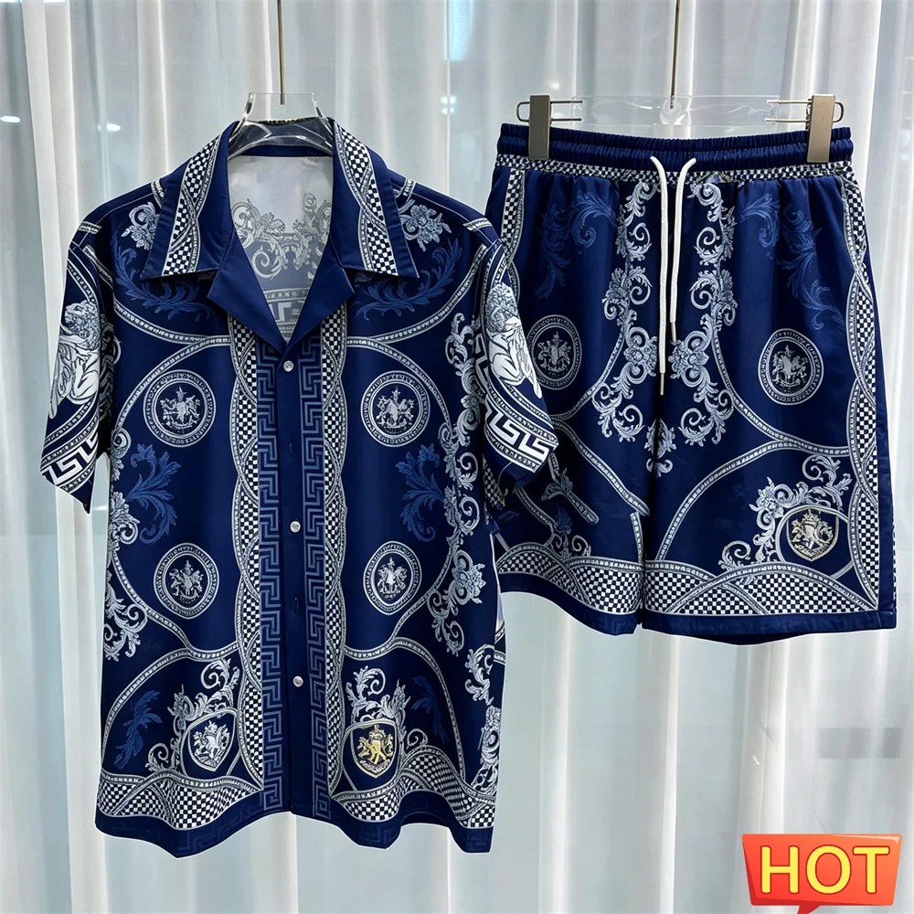 Роскошный летний мужской комплект из двух предметов с полосатым узором в виде короны: рубашка и брюки, яркий домашний комплект премиум-класса с пуговицами, для отпуска. (art.: 3920da79b8ecd) - 3920da79b8ecd