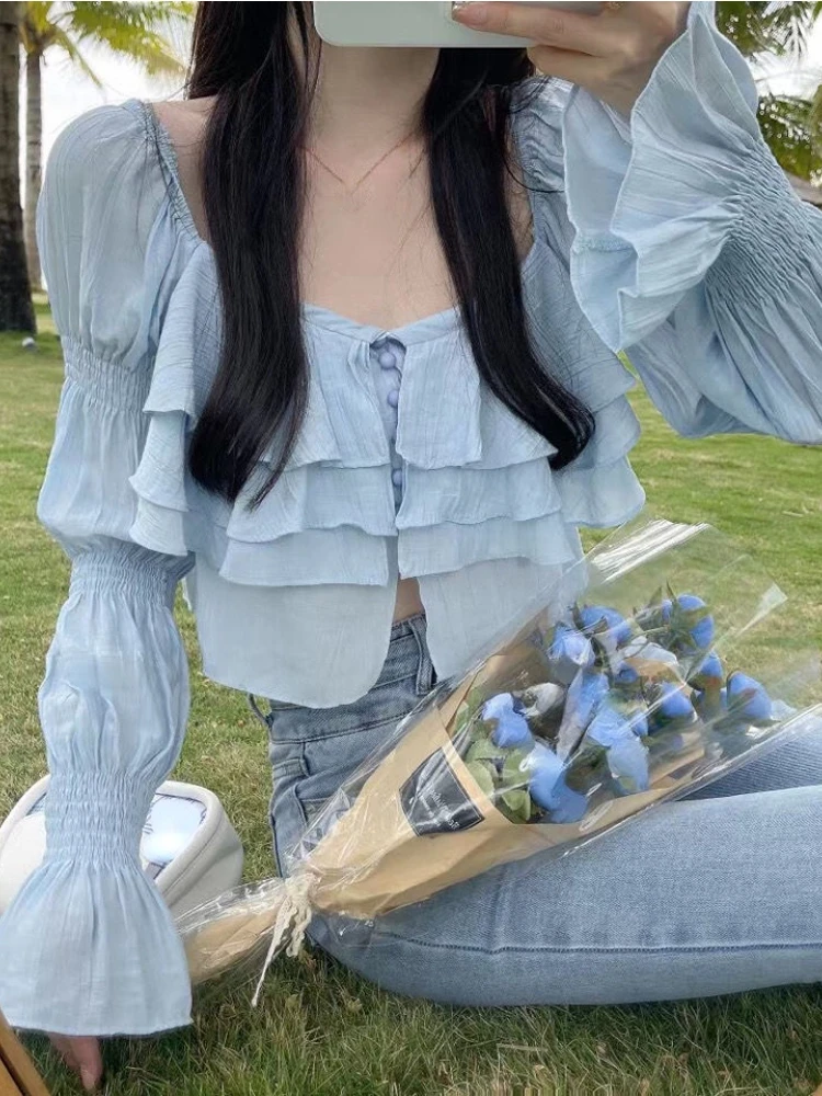 

Fashion Elegant Blouses for Women 2022 Summer Chiffon Y2k Crop Tops Office Lady Korean Style Casual Chiffon Shirts Long Sleeve
