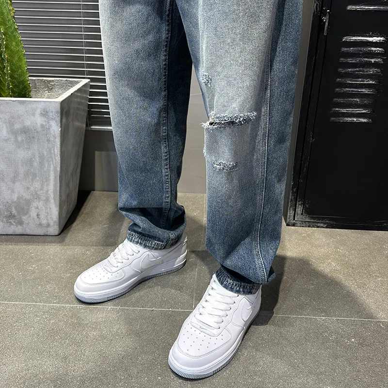 Street Fashion Men Jeans Retro Blue Loose Fit Hole Ripped Jeans Men Straight Trousers American Casual Wear Wide Leg Pants Hombre