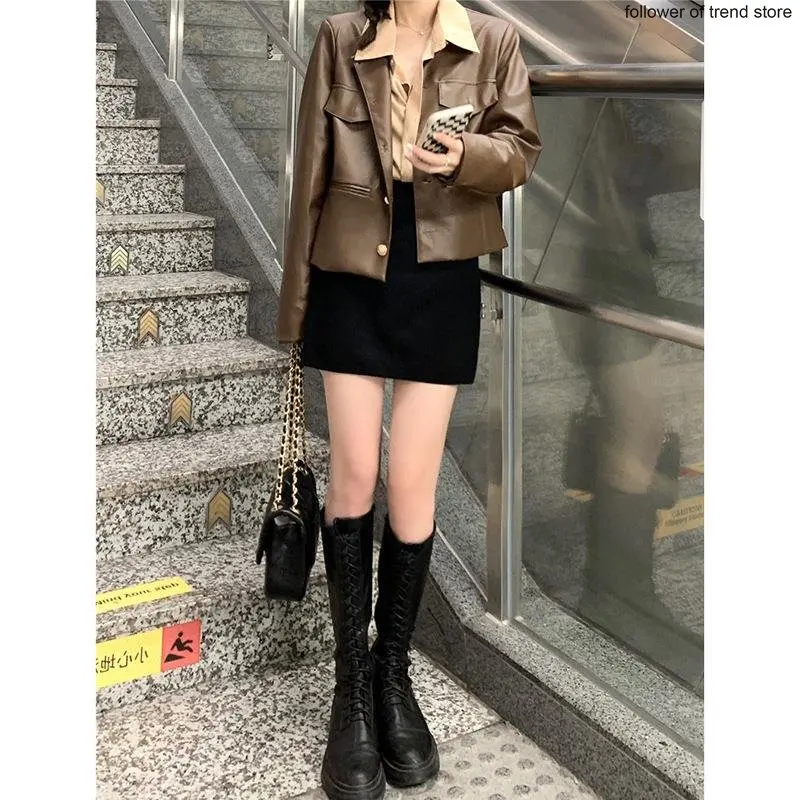 Jacket Jacket Women's Vintage Motorcycle Clothing PU Leather Coat Women In Autumn 2022 Office Lady Elegant Suit Korean