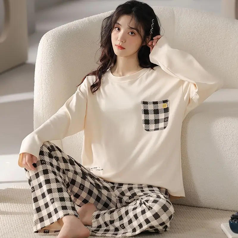 Pajamas Ladies Spring Autumn Long Sleeve Polyester Cotton Women's Autumn and Winter Large Size Casual Autumn Homewear Set