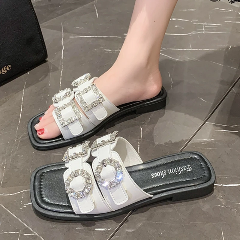 Crystal Flats Shoes Metal Buckle Strap Women Slippers Summer Flip Flops Fashion Open Toe Sandals Shoes Dress Beach Ladies Slides