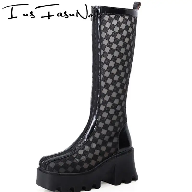 

Summer Boots Mesh Breathable Office Lady Knee-High Women Boots Fashion High Heel Platform Zipper Brand Ladies Shoes Thick Heels
