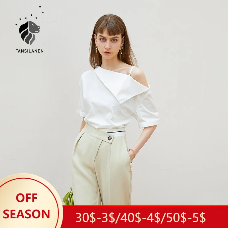

FSLE Office Lady French Off-shoulder White Shirt Women Summer Design Niche Chic Oblique Shoulder New Short-sleeved Tops