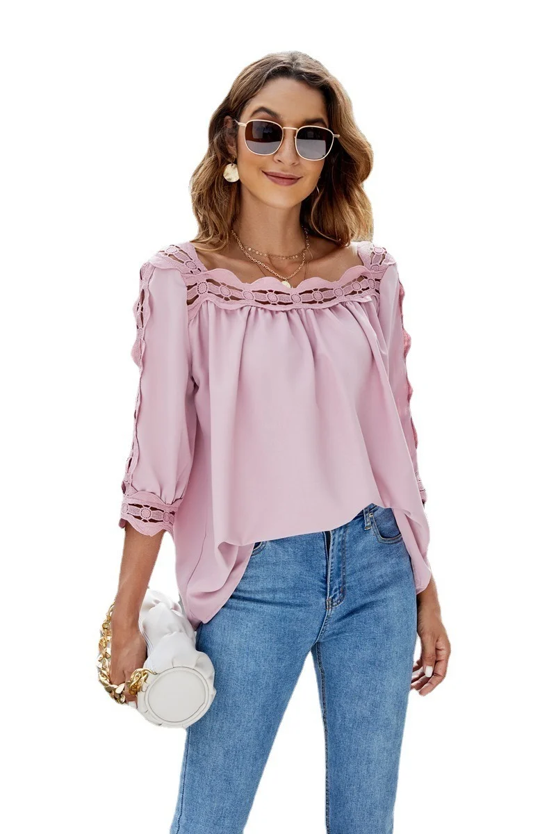 Женская хлопковая блуза с коротким рукавом и квадратным вырезом свободного