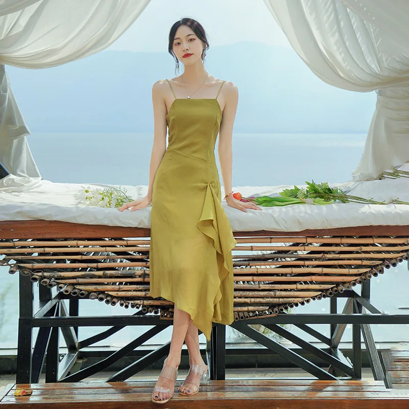 

Summer Green Midi Slip Dress Women 2022 Long Elegant Wrap Formal Strap Dresses for Wedding Guest Bridesmaid Birthday Prom New