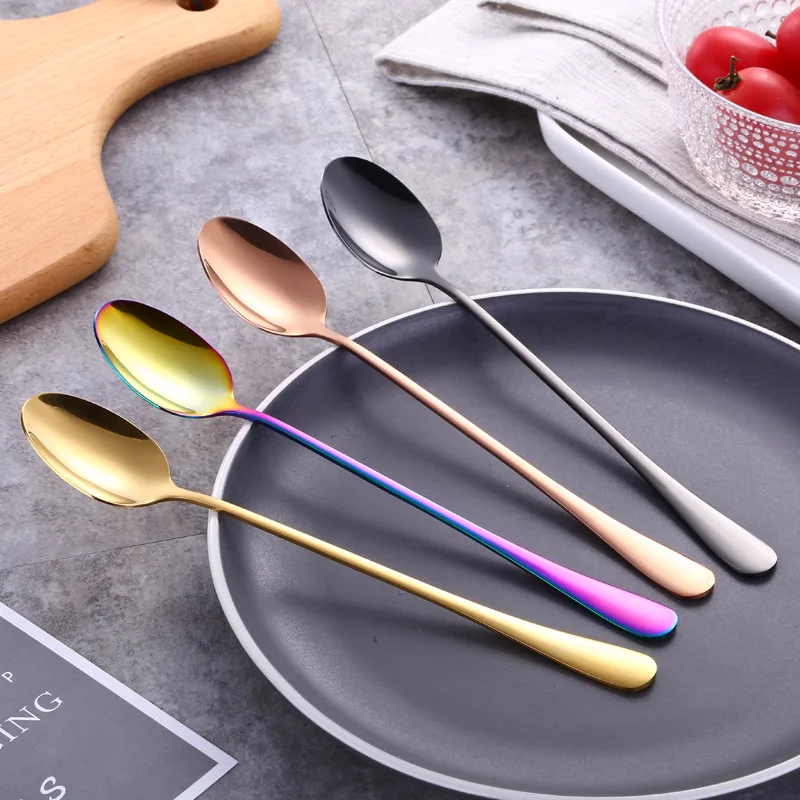 

Colorful Long Handled Teaspoons Juice Coffee Stirring Cutlery Stainless Steel Spoon Ice Cream Dessert Spoon Kitchen Accessories