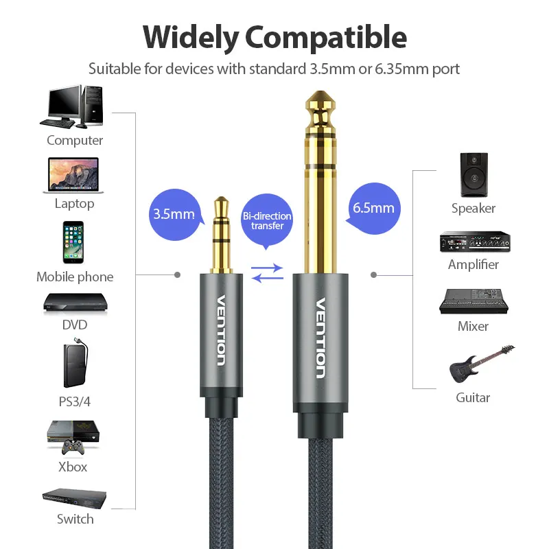 Vention Male to Male 3.5 mm to 6.35 mm Adapter Aux Cable for Mixer Amplifier Gold Plated 3.5 Jack to 6.5 Jack 3m 5m 10m Aux Cabo images - 6