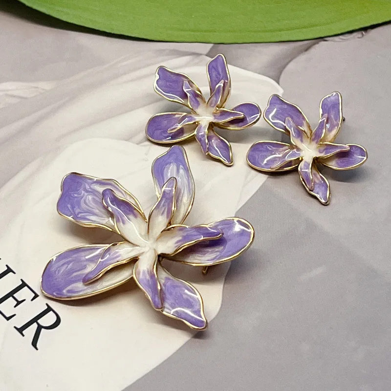 

France Enameled Purple Petal Brooches Pin Earrings for Women Accessories Beauty Literature Girl Party Office Flower Brooch Gifts