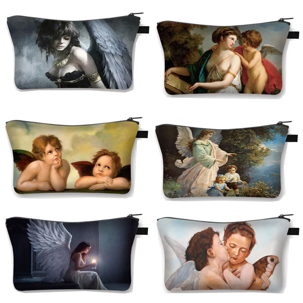 

Vintage Oil Painting Love Angel Print Cosmetic Case Women Makeup Bag Girls Storage Bags Ladies Lipstick Cosmetic Organizers Bag