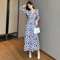 summer korean blue print split caual dress high wasit v neck a line office dress for ladies long sleeve pleated belt mid dress