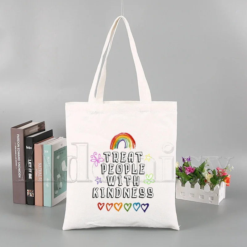 

New Arrives Treat People With Kindness Art Canvas Bag Totes Simple Print Shopping Bags Girls Life Casual Pacakge