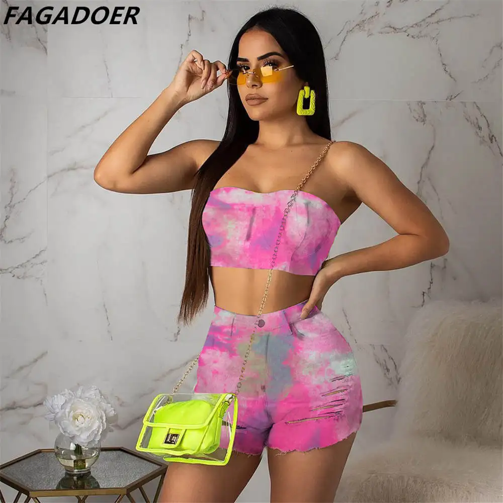 

FAGADOER Sexy Off Shoulder Two Piece Sets Women Wrapped Chest And Denim Shorts Outfits Summer Print Matching Nightclub Wear 2022