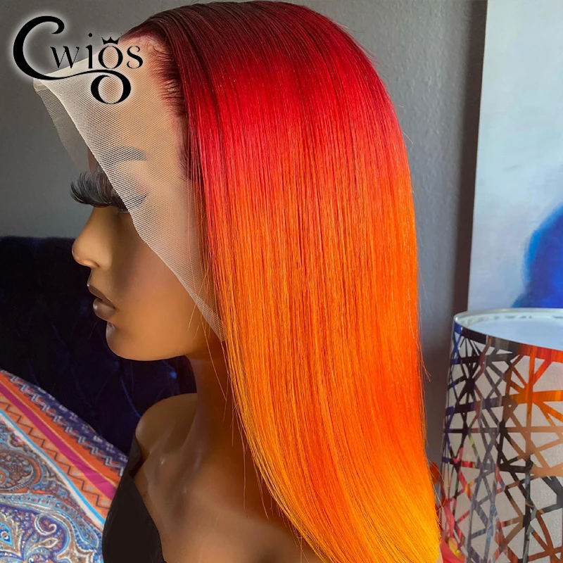 Short Pixie Cut Red Yellow Ombre Colored Transparent Synthetic 13X4 Lace Front Wigs For Women Preplucked Drag Queen Party Daily