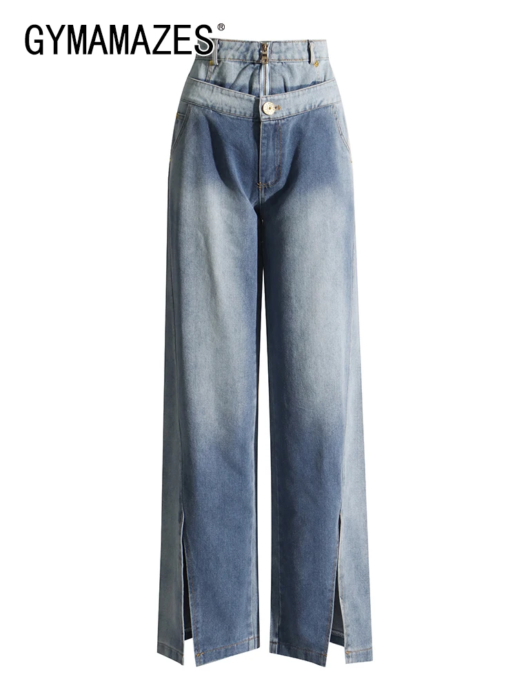 

GYMAMAZES Casual Vintage Jeans For Women High Waist Full Length Patchwork Button Split Temperament Wide Leg Pant Female Fashion