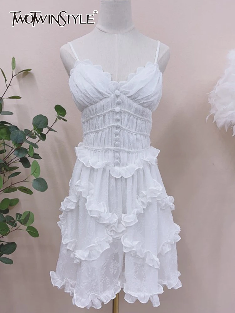 

TWOTWINSTYLE White Cut Out Dress For Women V Neck Sleeveless High Waist Solid Mini Dresses Female Summer Clothing Style New 2022