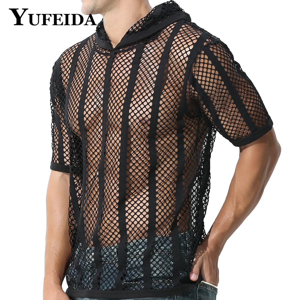 

Футболка YUFEIDA Мужская сетчатая, прозрачная рубашка с коротким рукавом и капюшоном, пикантная одежда, однотонная блуза с капюшоном для ночного клуба