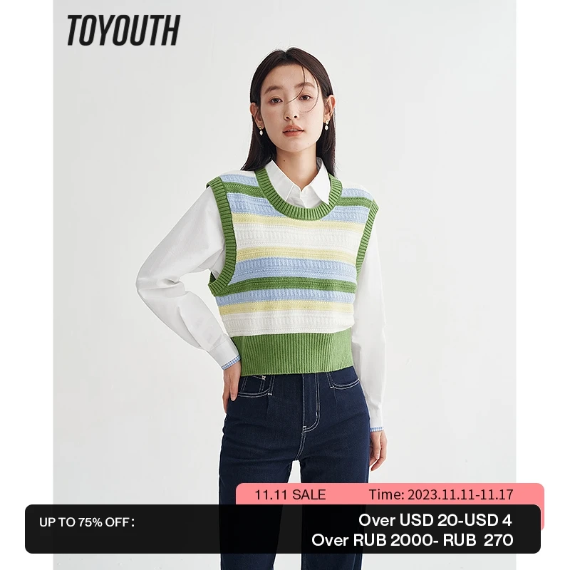 

Toyouth Women Knitted Vest 2023 Spring Sleeveless O Neck Loose Sweaters Colorful Stripes Casual Chic All-match Tops