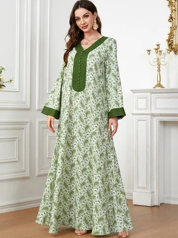 Женское мусульманское летнее платье Siskakia, элегантное платье в этническом стиле с v-образным вырезом и длинным рукавом, контрастный цвет