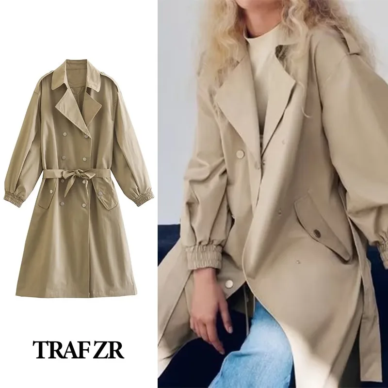 

Высококачественный элегантный длинный женский тренчкот TRAF ZR, ветровка с поясом, куртки, осень 2023 Y2k, новая верхняя одежда, пальто