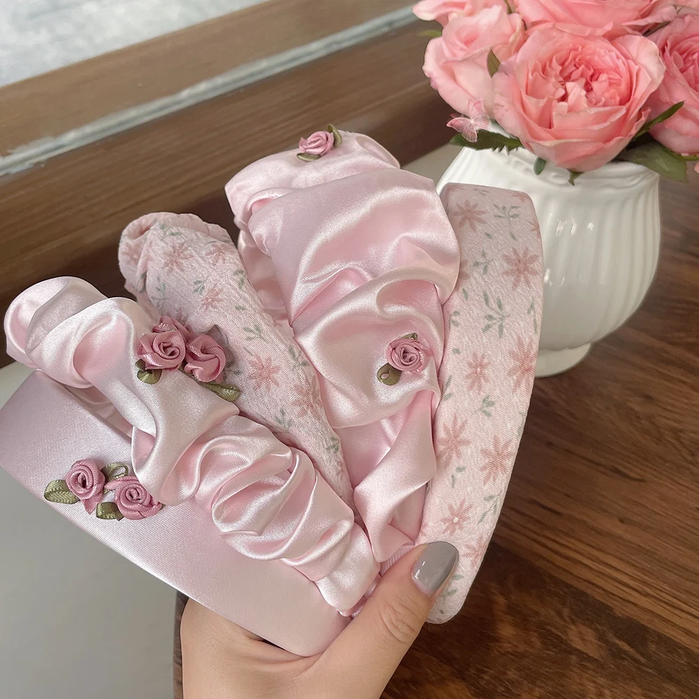 

Pink Rose Satin Women Wide Hairband Padded Print Cross Fashion Headband Girls Headwear Korean Hair Hoop Bands Accessories
