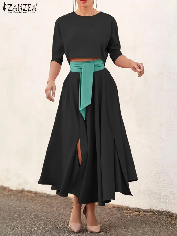 

Women Dress Sets 2022 Female Oversized Matching Sets ZANZEA Summer Short Sleeve Tops Casual Solid Lace Up A Line Skirts Oversize