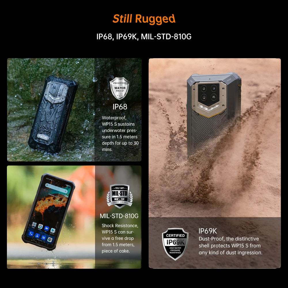 Oukitel WP15S Rugged Smartphone 15600MAH Battery 4GB+64GB 6.517 inch HD+ Mobile Phone 20M+8M Android Cell Phone Global Version