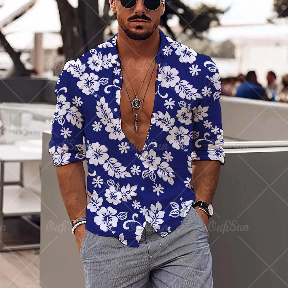 

2022 Men's Long Sleeve Shirts Lapel Shirt Floral Plant Print Hawaiian Shirts Streetwear New Male Clothes Loose Tops Shirt Men