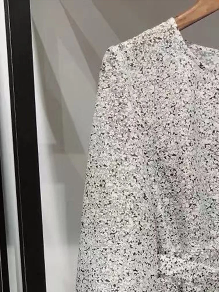

Retro Print Women's Stitching Ruffles Trim Mini Dress 2022 Spring Summer New Lace-Up Long Sleeve Female O-Neck Robe with Sashes