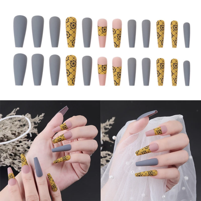 

24PCS Yellow Flowers Durable And Breathable Shiny Bow Ongles Faux Nail Patch Sweet Style Removable Long Paragraph Manicure