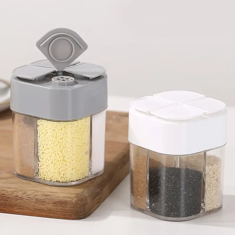 

4 Compartment For Outdoor Cooking BBQ Salt And Pepper Shaker 4 In 1 Camping Seasoning Jar With Lids Transparent Spice Dispenser