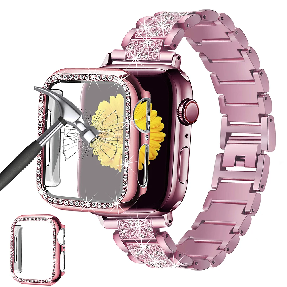 

Stainless Steel Diamond Strap+Case For Apple Watch Series 7 6 5 4 3 2 iWatch Band 40mm 44mm 42mm 45mm 41mm 38mm Women Bracelet