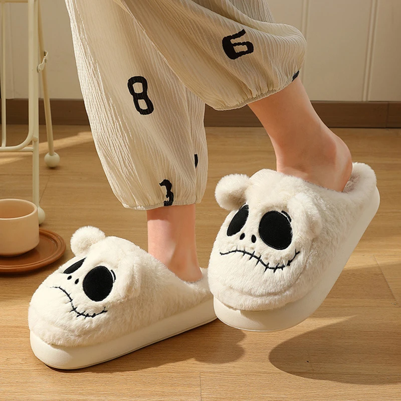 

Winter Warm Women's Plush Slippers Home Couple Shoes Skull Head Design Soft Lightweight Cotton Slippers Women New Flat Shoes