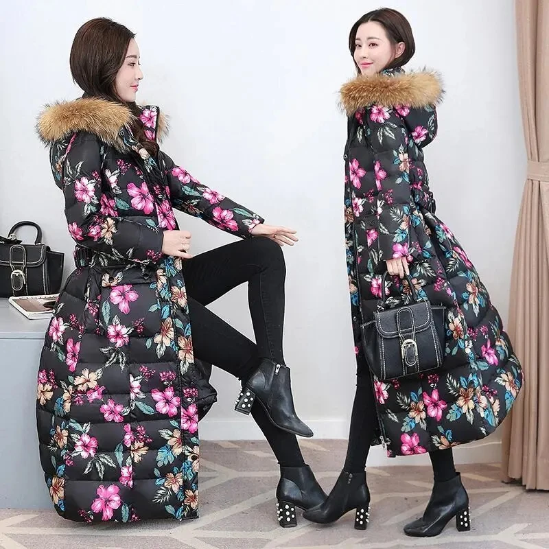 Fashion Temperament Real Raccoon Fur Collar 90 White Duck Down Jacket Women Mid-Length Hooded Slimming Winter Thick Warm Coat