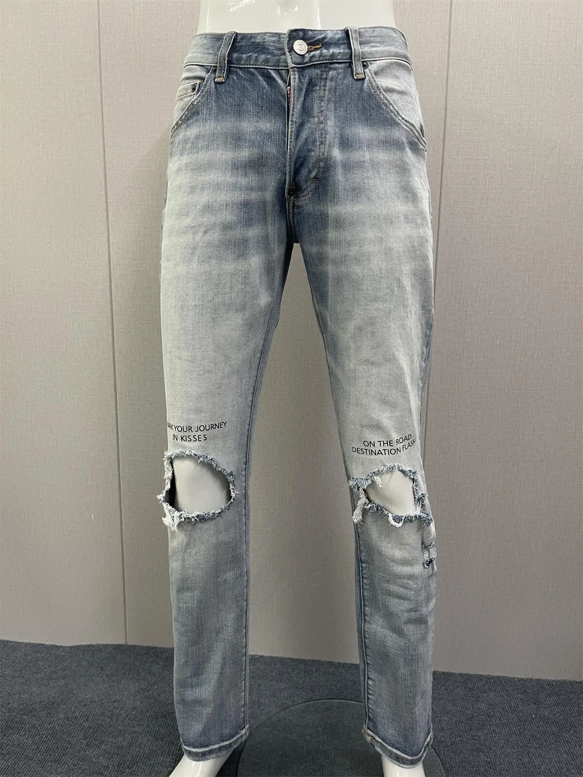 

2023 New Denim Pants Men's D2 Jeans Washed Deep Blue Slim Fit Casual Full Length Monkey Patched Zipper