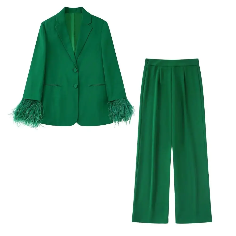 Dark Green Fashion Blazer Feathers Sleeve Notched Collar Chic Two-Buttons Wide Leg Pants Suit Side Zipper Наборы брюки 2 Pcs Set