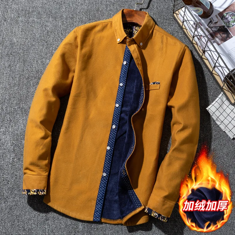 

Autumn Winter Fleece Shirt Plus Velvet Warm Shirts Men Casual Flannel Slim Fit Street Thick Dress Shirt Size 5XL