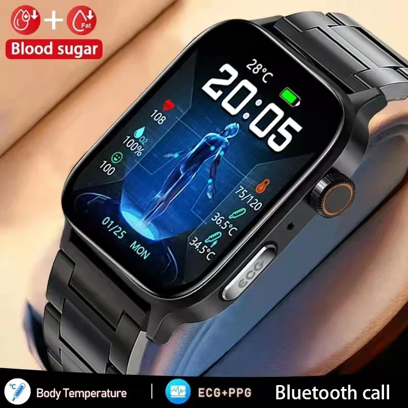 

2023 New Non-invasive Blood Sugar Smart Watch Men Voice Calling Wristwatch Body Temperature Stress Test ECG+PPG NFC Smartwatch