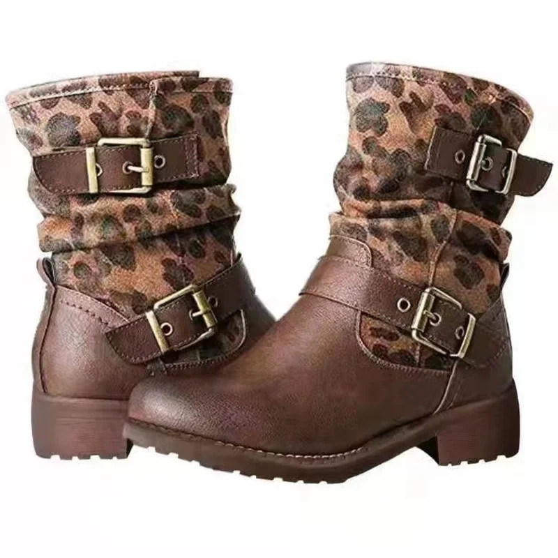 

Women's Ankle Boots 2022 Autumn Fashion Leopard Side Zipper Size 43 Booties Women Shoes Belt Buckle Boots Low Heel Botas Mujer