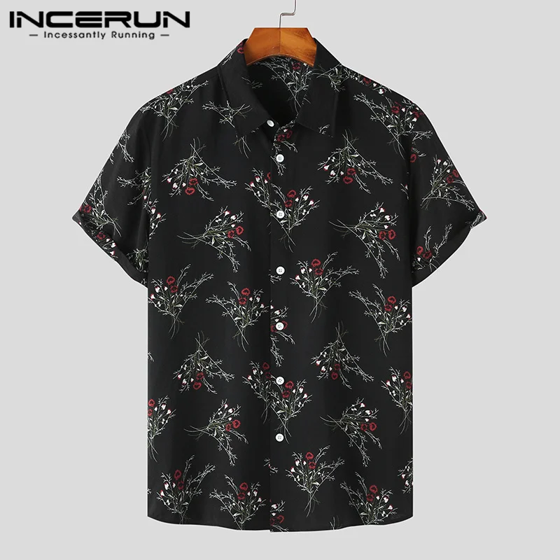 

Рубашка INCERUN мужская с цветочным принтом, короткий рукав, лацкан, уличная одежда для отпуска, Повседневная Гавайская блузка, лето 2023