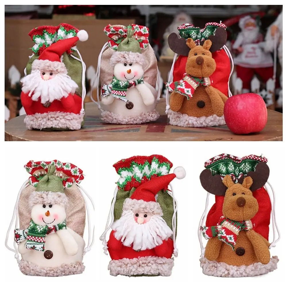 

Faux Linen Cloth Christmas Gift Bag Cartoon Santa Claus Snowmen Deer Drawstring Candy Pocket Party Supplies Festival Favors