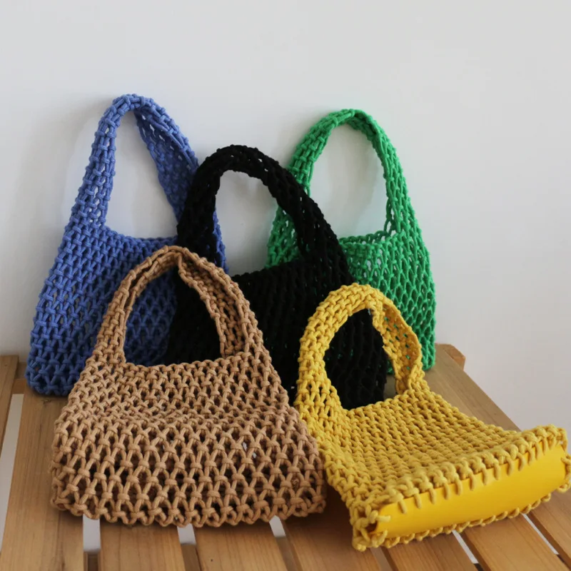 

2022 New Arrivals Cotton Linen Woven Hollow Out Handbag for Women Simple Mesh Tote Summer Travel Beach Bag Female Shopping Bag