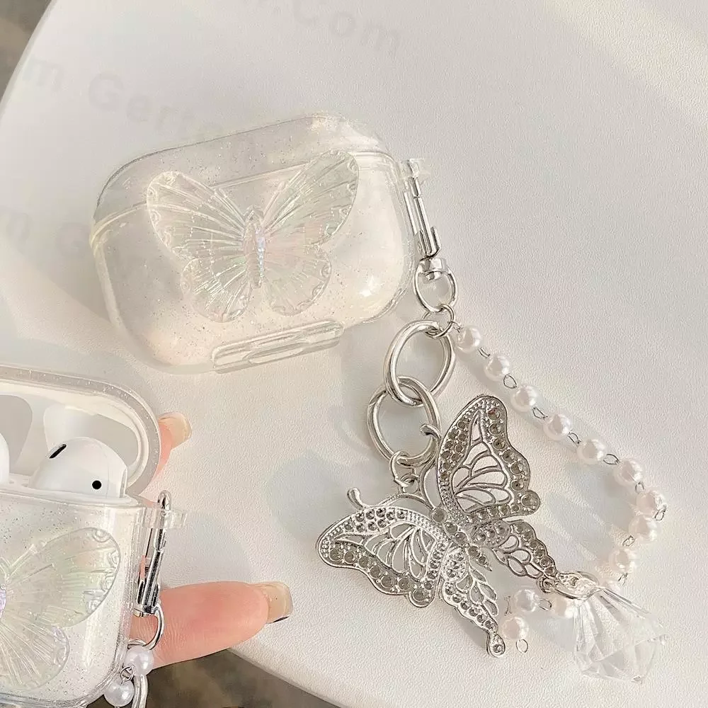 

3D Cute Butterfly Funda for Airpods Pro Case Soft Clear Earphone Accessorie Cover for AirPods 3 2 1 Case Pendant Pearl Chain