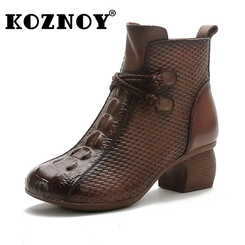 

Koznoy Booties Woman Winter 2022 4.5cm Embossed Genuine Leather Chimney Ankle Mid Calf Autumn Winter Soft Soled Boot for Fashion